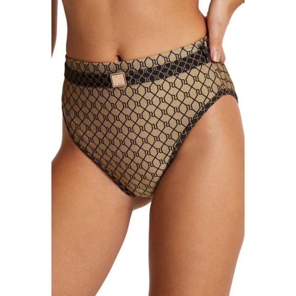 River Island Monogram Belted Brown High Waisted Bikini Swimsuit Bottoms Sz 8 New